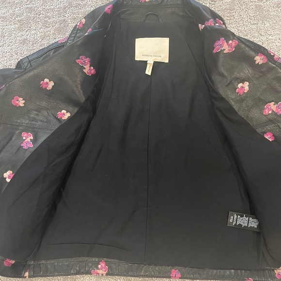 Rebecca Taylor Floriana Black Leather Jacket, Cropped, Pink Flower Print, Sz 2 - Picture 14 of 16